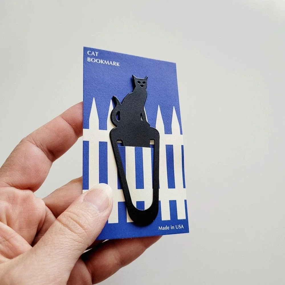 Vintage 90s Black Cat Bookmark Metal Clip fence blue USA Barnes Nobel Swing 1994
